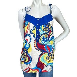 TIBI Cream & Multicolor Print Tie Strap Sleeveless 100% Silk Tank Top Size 8